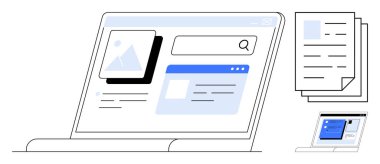 Arama çubuğu, resim önizlemesi ve içerik kartlarını gösteren dizüstü bilgisayar. Bilgi yönetimini sembolize eden bir yığın belge. Araştırma, eğitim, iş, veri analizi, dijital araçlar için ideal