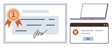 Dizüstü bilgisayar ve hata mesajının yanında kurdele olan ödül sertifikası. Başarı, eğitim, tanınma, dijital zorluklar, iş akışı, ilerleme, problem çözme, basit düz metafor