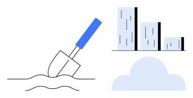 Toprağı kazmak, yükselen parmaklıklar ve büyümeyi, temeli ve bağlantıyı sembolize eden bir bulut. Değerlendirme, strateji, planlama, veri büyüme ekip çalışması için ideal