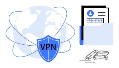 VPN kalkanlı dünya haritası, kişisel verileri olan güvenli dosya dizini ve korunmayı, gizliliği, veri güvenliğini, siber güvenliği, şifreli bağlantıyı, finans, basit düz metaforu sembolize eden sikkeler