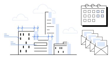 Şehir planlamasını gösteren inşaat halindeki binalar, takvim ve e-posta yığınının yanında. Gayrimenkul, proje yönetimi, takvim, işbirliği, yazışma, ilerleme izleme için ideal