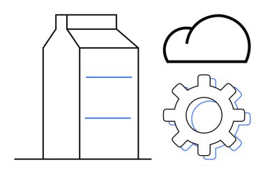 Süt kutusu, vites ve bulut. Sürdürülebilirlik, süt endüstrisi, yenilik, üretim, lojistik dijital dönüşüm ve gıda teknolojisi için ideal. Basit düz metafor
