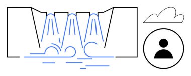 Enerji üretimi, sürdürülebilirliği ve çevresel korunmayı vurgulayan su akıntıları, bulut ve insan ikonu salınımı. Enerji, çevre, su döngüsü ve sürdürülebilirlik için ideal