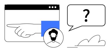 El işaretli tarayıcı penceresi, soru işaretli konuşma balonu, erkek avatar ve soyut bulut. Rehberlik, müşteri desteği, SSS, iletişim, problem çözen kullanıcı etkileşimi için ideal