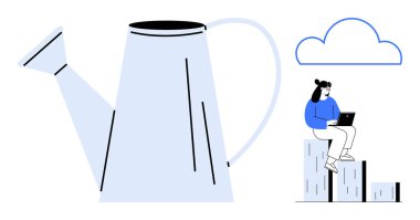 Geniş sulama, barın merdivenlerinde oturan bir kadının yanında elinde bir dizüstü bilgisayarla, bulutlu bir şekilde durabilir. Büyüme, yaratıcılık, yenilik, başarı, ilerleme, dijital dönüşüm takım çalışması için ideal