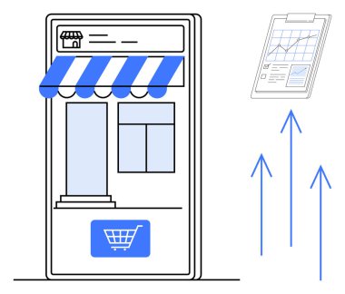Akıllı telefon ekranında mağaza önü tasarımı ve alışveriş arabası analitik grafikli pano ve yükselen oklar var. E-ticaret için ideal, çevrimiçi alışveriş, iş büyümesi, mobil uygulamalar, dijital
