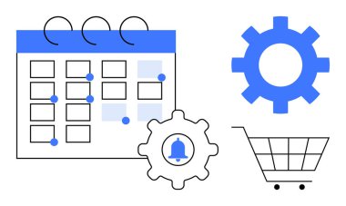 Tarihli takvim, ayarları temsil eden ekipman ya da tebligat, e-ticareti simgeleyen alışveriş arabası. Zamanlama, bildirimler, e-ticaret, verimlilik, organizasyon, iş akışı için ideal