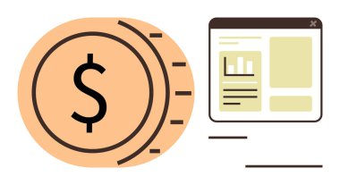 Haritaları ve metni gösteren bir web tarayıcısıyla eşleştirilmiş büyük dolar işareti. İş, bütçe, fintech, web analizi, veri analizi, yatırımlar ve görselleştirme için ideal. Basit düz metafor