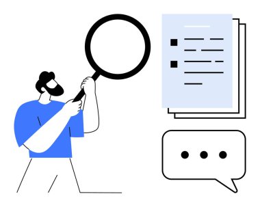 Elinde büyüteç tutan sakallı adam belgeleri inceliyor. Konuşma balonu tartışma ya da analizi gösteriyor. Araştırma, inceleme, geri bildirim, soruşturma, iletişim, değerlendirme için ideal