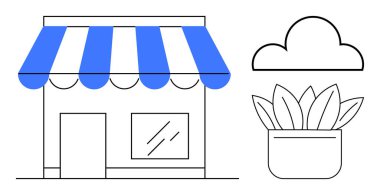 Çizgili mavi tenteli, dekoratif saksı bitkisi ve basit bir bulut çizgisi olan küçük bir dükkan. Perakende, yerel işletme, sürdürülebilirlik, çevrimiçi hizmetler, eko-bilinç, büyüme ve basitlik için ideal