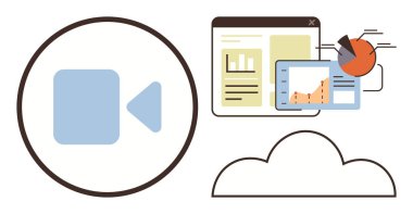 Video çağrılarını, analitiği, bulut depolamasını ve teknolojiyi temsil eden tarayıcı pencereleri, grafikler ve bulut simgesinin yanında kamera simgesi. Uzak çalışma, işbirliği, analitik bulut hizmetleri için ideal