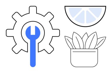 İngiliz anahtarını sembolize eden bir dişli, iyileşmek için bir limon dilimi ve büyümek için saksı bitkisi. Sürdürülebilirlik, üretkenlik, yenilik, öz bakım, doğa, sağlık ve denge kavramları için ideal