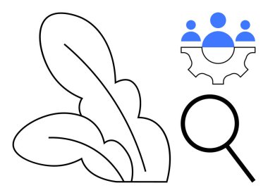 Yapraklı yeşiller, büyüteç ve takım çalışması ikonu tarım, araştırma, takım çalışması, sürdürülebilirlik, problem çözme, yenilik ve çevre odaklarını temsil eder. Eko-farkındalık ekibi için ideal