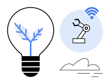 Çevresel fikirleri sembolize eden yapraklı ampul otomasyonu, kablosuzu ve bulutu simgeleyen robotik kol. Yenilik, endüstri, akıllı teknoloji, sürdürülebilirlik, bağlantı için ideal