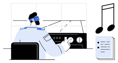 Üniformalı hava trafik kontrolörü kontrol panelini büyük ekranların yakınına ayarlar ve navigasyonda güvenliği sağlar. Havacılık, takım çalışması, teknoloji, iletişim, kesinlik, liderlik için ideal