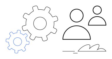 Minimalist insanlarla iç içe geçen dişliler işbirliğini, takım çalışmasını ve sistem işlevselliğini simgeliyor. İş stratejisi, yenilik, işbirliği, iş akışı, organizasyon için ideal
