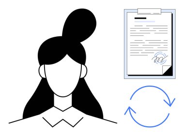 İnceleme, onay, güncelleme veya düzenleme sürecini vurgulayan imzalı bir belge ve dairesel oklarla birlikte kadın karakter. Kontrat yönetimi, belgeler, süreç iyileştirmesi için ideal