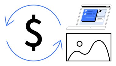 İşlemleri gösteren dairesel oklarla dolar işareti, bir dizüstü bilgisayar ekranı ve grafikle birlikte. Finans, dijital ödemeler, e-ticaret, çevrimiçi platformlar, veri analizi, ticaret için ideal