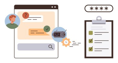 Kullanıcı sorgulamalarıyla sohbet arayüzü, yapay zekanın otomatik yanıtları ve kontrol listesine gönderilen doğrulama. Çevrimiçi yardım, müşteri hizmetleri, yapay zeka, otomasyon, siber güvenlik, doğrulama için ideal