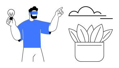 VR kulaklık takan ve elinde ampul tutan bir adam saksı bitkisi ve bulutun yanında yeniliği simgeliyor. Teknoloji, yaratıcılık, gelecek, çevre, fikirler, sürdürülebilirlik için ideal