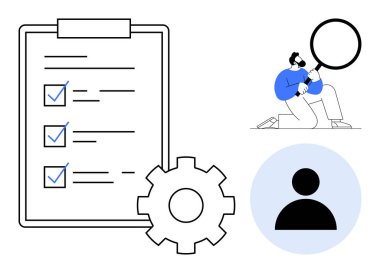 İşaretli ögeleri olan kontrol listesi, ayarlar için teçhizat, büyüteçle detayları inceleyen kişi, kullanıcı profili simgesi. Görev yönetimi, kalite kontrolü, ayarlar, iş akışı, analiz için ideal
