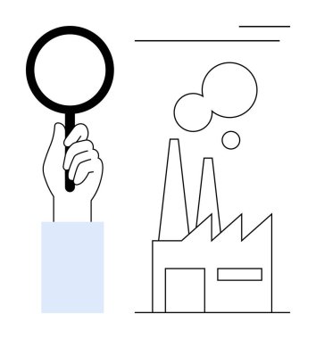 Bacaları ve minimum dumanı olan büyüteç inceleme fabrikası. Denetleme, analiz, çevre, endüstri, sürdürülebilirlik, araştırma, basit düz metaforda kalite için ideal