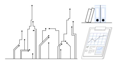 Devrelerden esinlenilmiş şehir silueti, panoda analizler, klasörler. Teknoloji, iş büyümesi, akıllı şehirler, yenilik, veri yönetimi, şehir planlaması için ideal basit düz metafor