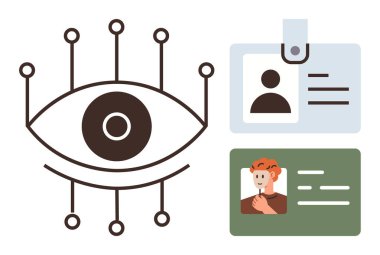 Devre dışı bırakılmış göz sembolü, iki kimlik kartının yanında. Gizlilik, güvenlik, kimlik doğrulama, teknoloji, biyometri, gözetleme, dijital kimlik basit düz metafor için ideal