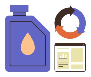 Yağ kabı, dairesel geri dönüşüm okları, analitik gösterge paneli. Sürdürülebilirlik, geri dönüşüm, petrol endüstrisi, eko-verimlilik, veri analizi, yenilenebilir çözüm için idealdir. Basit düz metafor