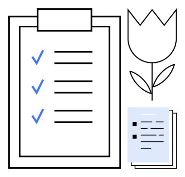 Kontrol listesi ve mavi işaretli pano, basit çiçek ve kağıtlar üretkenlik, organizasyon, büyüme, doğa, planlama, yaratıcılık ve minimalizm temalarını çağrıştırıyor. Basit bir daire için ideal
