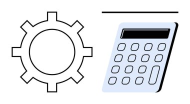 Matematiksel analiz ve planlamayı sembolize eden hesap makinesinin yanındaki işletim mekanizmasını temsil eden dişli. Teknoloji, üretkenlik, finans, problem çözme, yönetim, yenilik için ideal