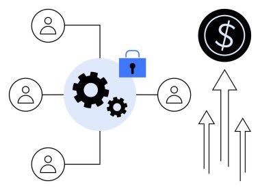 Bağlı kullanıcılar, vites mekanizmaları, güvenli asma kilit ve yukarı bakan oklar takım çalışması, güvenlik, yenilik, kâr, büyüme süreci ve dijital optimizasyonu temsil ediyor. İş teknolojisi için ideal