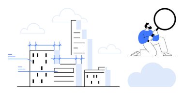 Büyüteçle diz çöken kişi şehir binalarını ve gökdelenleri inceliyor. Araştırma, analiz, mimari, planlama, yenilik, gayrimenkul ve inşaat için ideal. Basit bir daire.