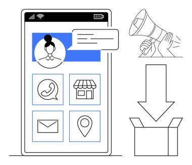 Akıllı telefon ekranı sohbet, bağlantı, depolama, konum ve e- posta simgeleriyle kullanıcı arayüzü görüntüler. Megafon pazarlamayı sembolize eder. Ok paket taşıma sürecine işaret ediyor. Ticaret için ideal.