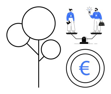 Minimalist ağaç, tahterevalli paylaşım fikri üzerine erkek ve kadın figürleri, avro parası. Eşitlik, denge, finans, ekonomi, takım çalışması inovasyon sürdürülebilirlik temaları için idealdir. Basit düz metafor