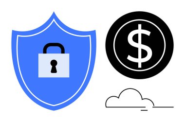 Kilitli mavi kalkan, cesur dolar işareti ve çizgi bulutu siber güvenliği, veri gizliliğini ve finansal korumayı çağrıştırıyor. Siber güvenlik, bankacılık, bulut depolama, online gizlilik fintech tasarrufu için ideal