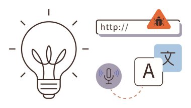 Yaratıcılık metaforu olarak ampul, zararlı yazılım uyarısı olan URL, çeviri kutusu, mikrofon ikonu konseptleri. Yenilik, teknoloji, siber güvenlik, dilbilim, otomasyon için ideal.