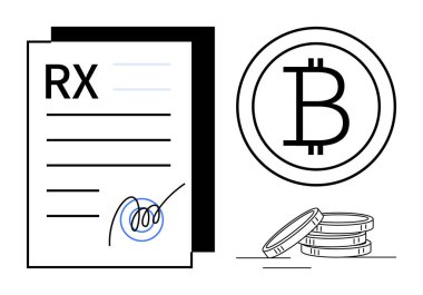 Bitcoin sembolü ve birikmiş paraların yanında imzalı reçete belgesi. Sağlık, fintech, engelleme zinciri, kripto para birimi, dijital ödeme, yerel finans ve modern ekonomi için ideal