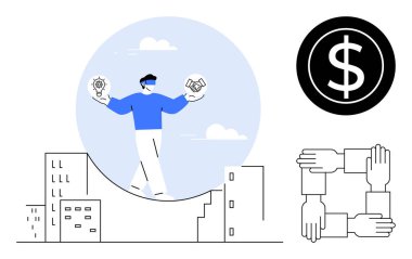 Şehir silueti üzerinde fikir ve takım çalışması yapan kişi büyümeyi temsil eden dolar işareti, işbirliğini sembolize eden eller. İş, yenilik, takım çalışması, liderlik, finans, ortaklık için ideal