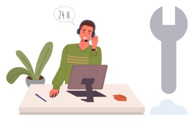 Müşteri hizmetleri temsilcisi bilgisayar masasında 247 destek ikonu ile kulaklık aracılığıyla konuşuyor. Yardım hattı, iletişim, teknoloji, hizmet yardımı, sorun giderme, uzaktan çalışma, basit