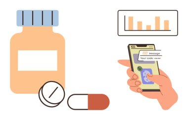 Güvenlik kodlu akıllı telefon, ilaç şişesi, haplar ve bar çizelgesi. Sağlık, dijital güvenlik, teknoloji, teletıp eczanesi yenilik verileri için idealdir. Düz