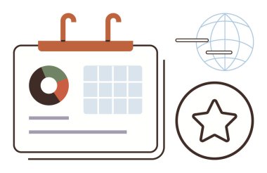 Bir yıldız ve dünya ikonu eşleştirilmiş pasta grafiği, ızgara ve metin satırlarını gösteren takvim. Program, analitik, üretkenlik, planlama stratejisi, küresel odak başarısı için idealdir. Basit düz