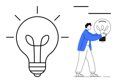 Büyük bir ampul ve daha küçük bir ampul taşıyan bir insan. Yaratıcılık, yenilik, problem çözme, beyin fırtınası, enerji, liderlik ve üretkenlik kavramları için idealdir. Basit düz metafor