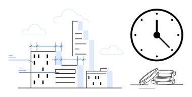 İnşaat iskeleti çerçeveli binalar, saat ışıklandırma zamanı ve mali yatırımı vurgulayan madeni paralar. Kentsel planlama, teslim tarihleri, ekonomi ve proje yönetimi için ideal