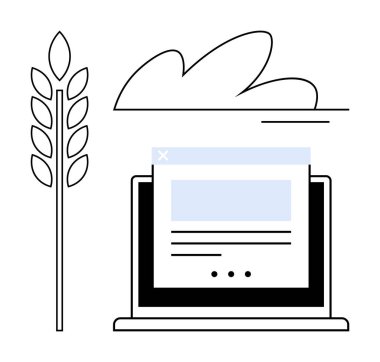 Buğday sapı dizüstü bilgisayarın yanında stilize bir bulutun altında web sayfası gösteriyor. Tarım, teknoloji, sürdürülebilirlik, tarım yönetimi, yenilik, dijital araçlar, çevresel etki için idealdir. Temiz