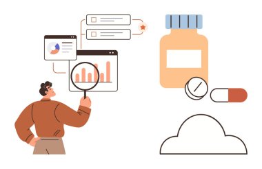 Grafikleri inceleyen kişi büyüteç, haplı ilaç şişesi ve bulut depolama kullanıyor. Sağlık, araştırma, veri görselleştirme, ilaç çalışmaları ve teknoloji için ideal