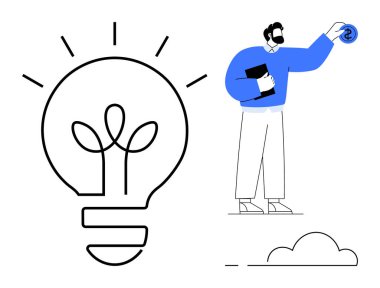 Bitki dolu ampulün yanında elinde panoyla sikke tutan adam yenilik, yatırım ve büyümeyi simgeliyor. İş, finans, sürdürülebilirlik, girişimcilik, yenilik, yaratıcılık için ideal