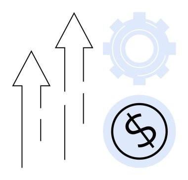 İlerleme için yukarı bakan üç ok, üretkenlik için bir dişli ve finansal büyümeyi gösteren bir dolar işareti. İş için ideal, ilerleme, başarı, strateji, verimlilik, verimlilik finansmanı
