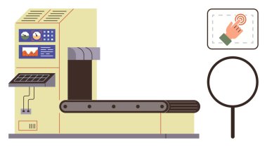 Endüstriyel taşıma bandı kontrol paneli, göstergeler ve büyütülmüş dokunmatik ekran elementi. Üretim, yenilik, teknoloji, süreç yönetimi, otomasyon, sanayi için ideal