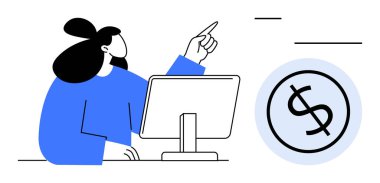 Masadaki kadın karakter finansal eğilimleri veya yönetim kavramlarını incelerken işaret ediyor. Finans, bütçe, analiz, büyüme, iş, para yönetimi ve karar verme için ideal. Basit düz